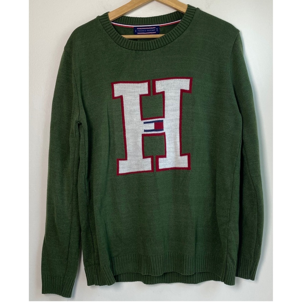 Tommy Hilfiger Sweater Mens Small Green Big H Logo Varsity Preppy Collegiate